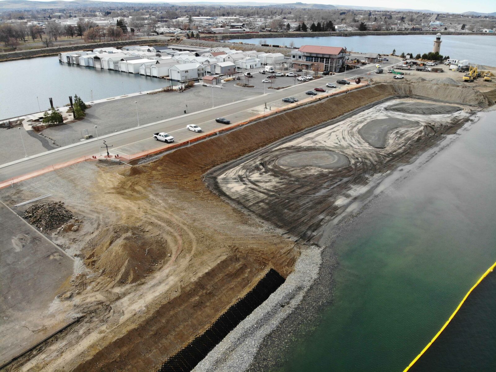 Aerial of the Clover Island shoreline restoration progress as part of a 2021/2022 project.