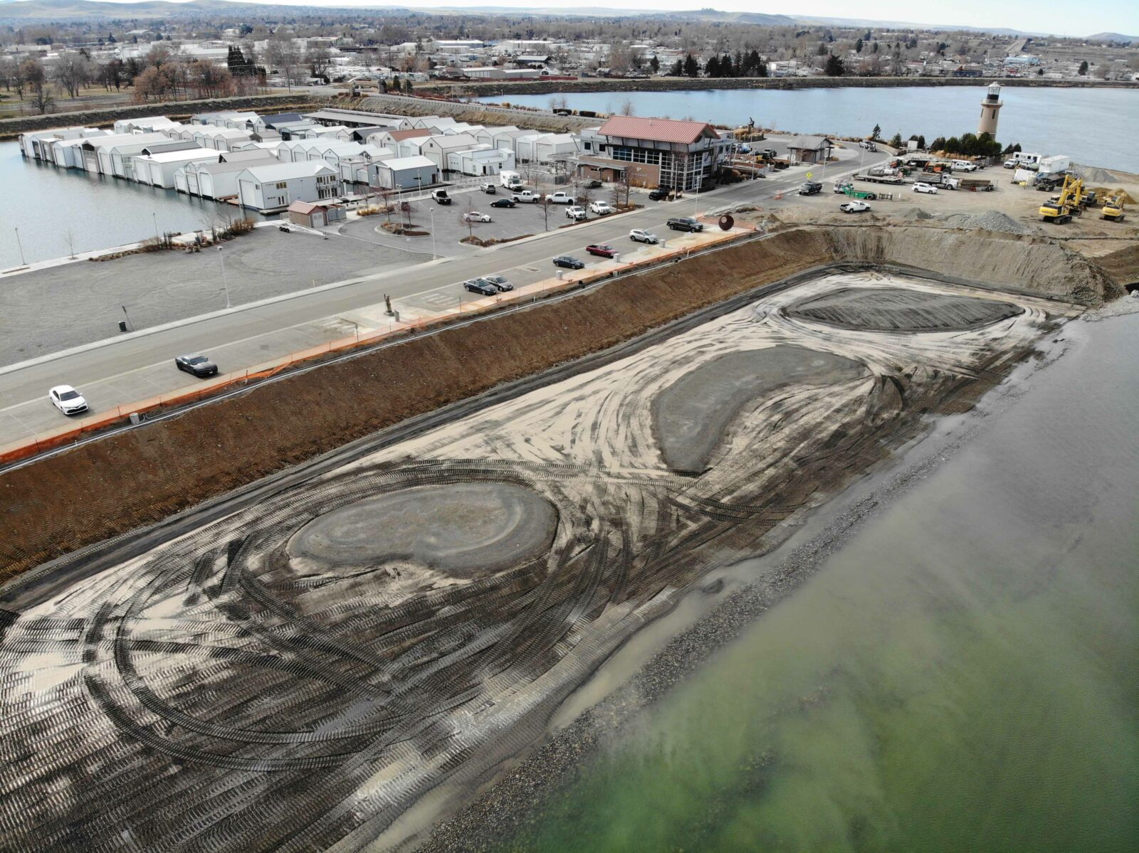 Aerial of the Clover Island shoreline restoration progress as part of a 2021/2022 project.