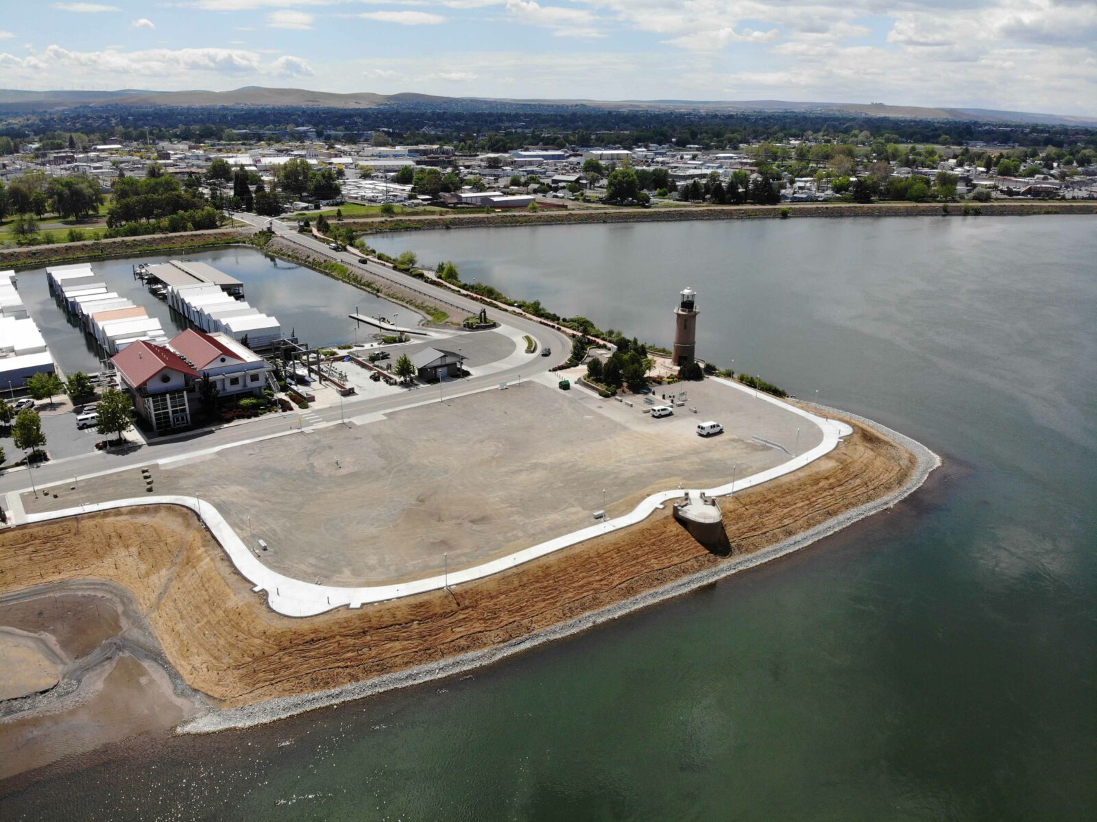 Aerial of a section of Clover Island's shoreline restored during a 2021/2022 project.