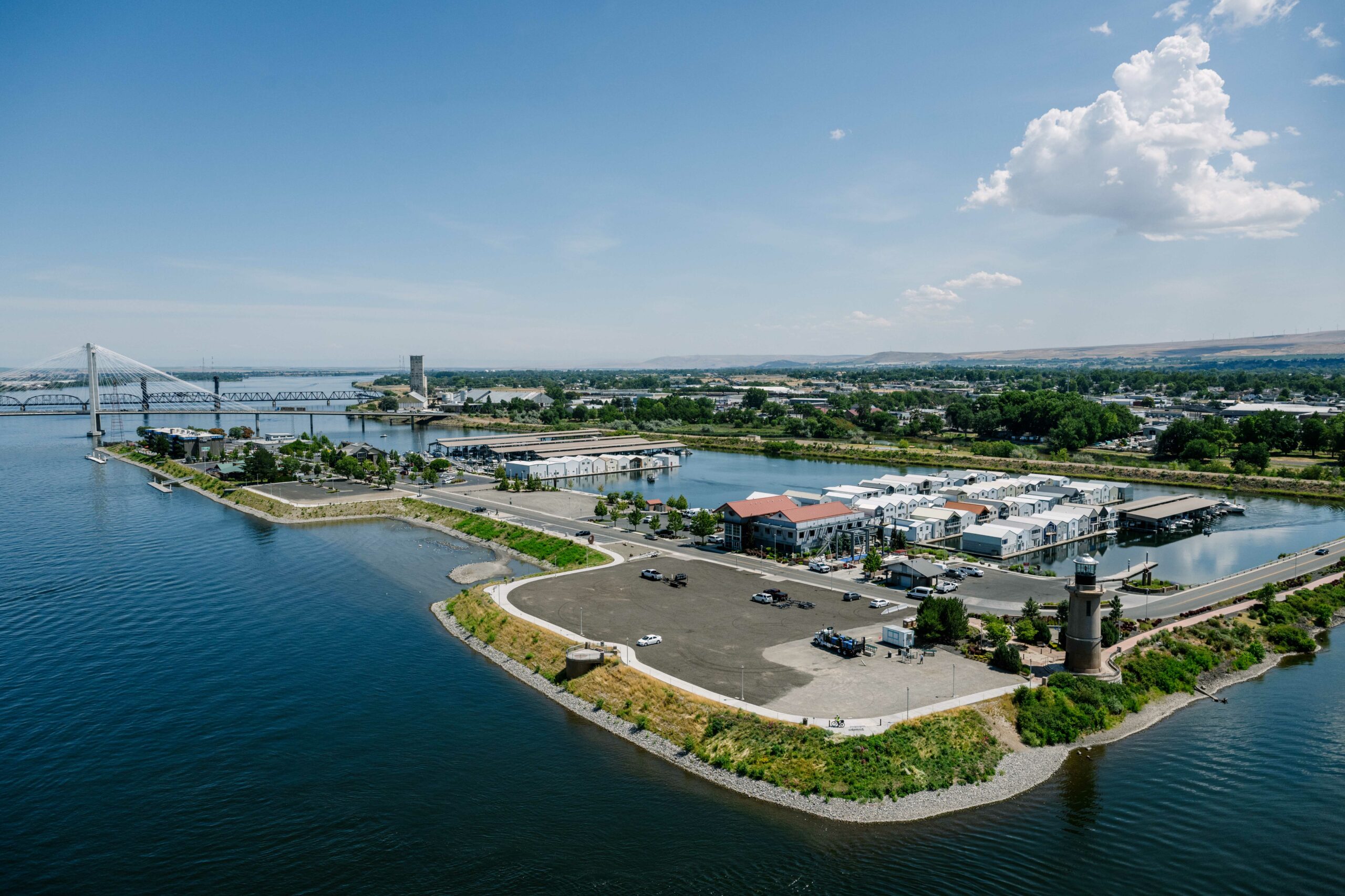 An aerial overlooking Clover Island in 2023 following the final restoration and revitalization project.