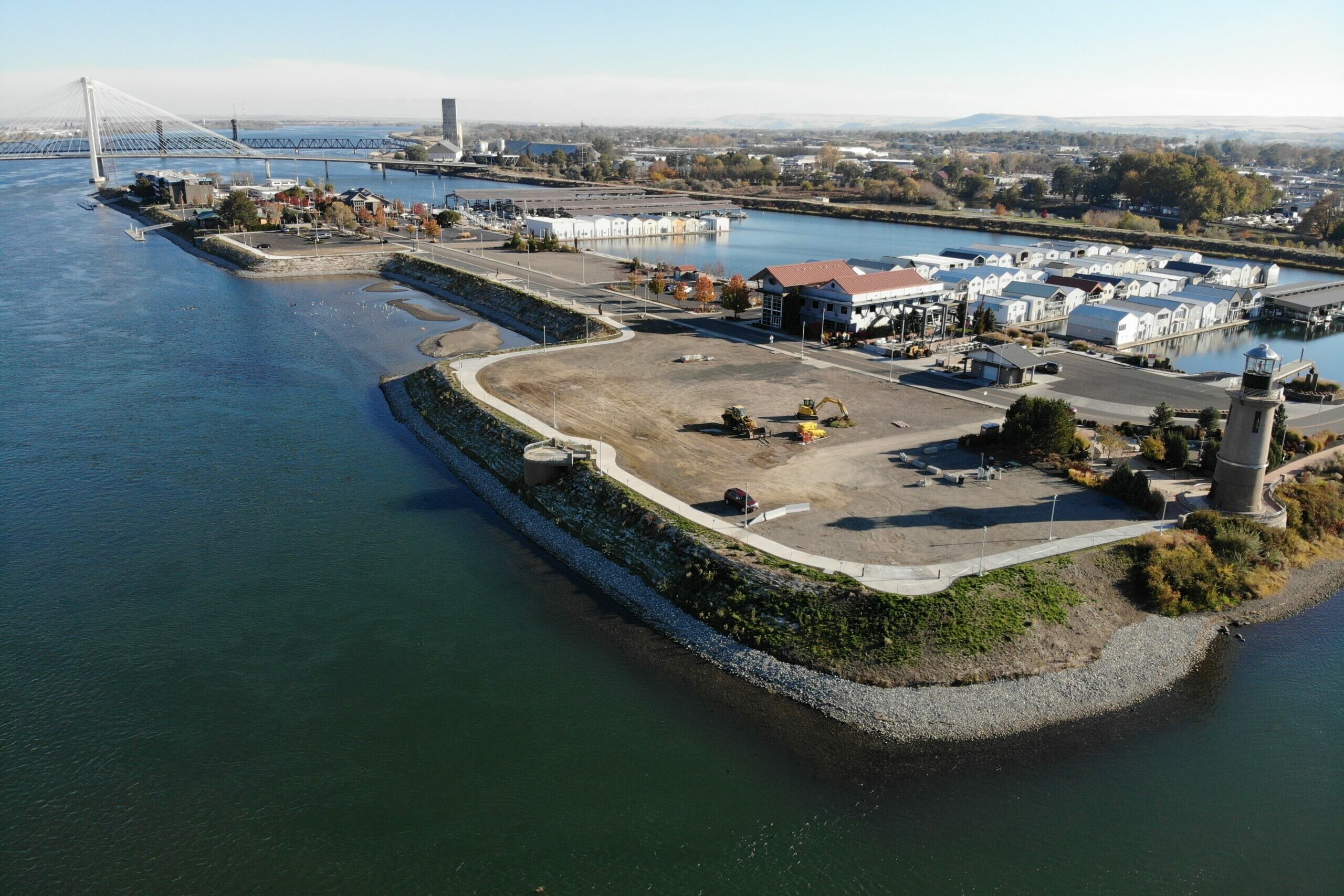 Aerial of Clover Island following some of the shoreline improvements completed by the U.S. Army Corps of Engineers.