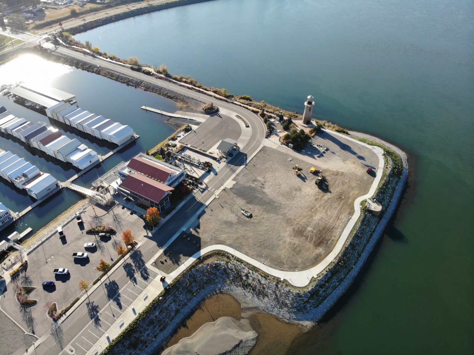 Aerial of Clover Island following some of the shoreline improvements completed by the U.S. Army Corps of Engineers.