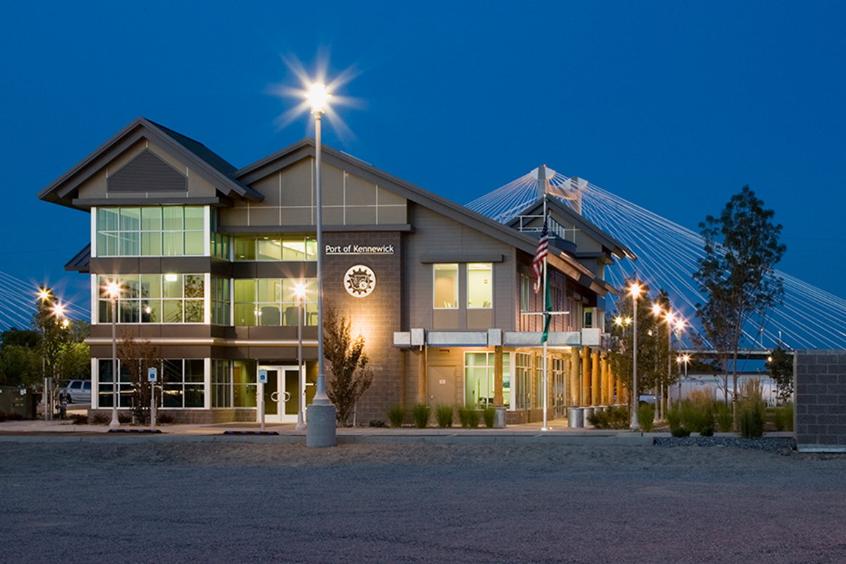 Nighttime image of Port of Kennewick Office Building.