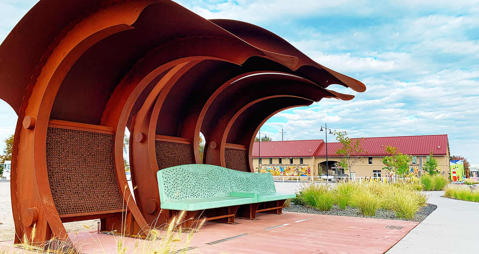 The Rolling Mass Bus Shelter sits in front of Columbia Gardens in Kennewick