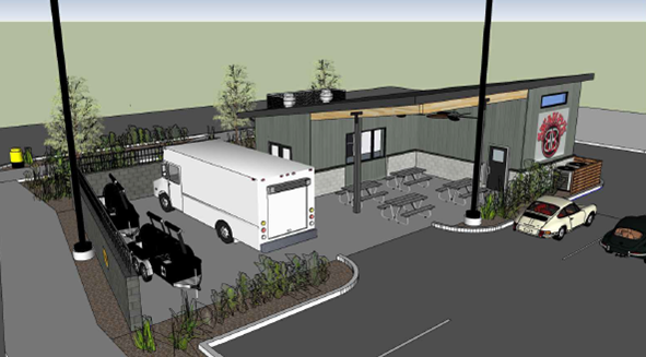 Artist rendering of a new restaurant and commercial kitchen building for Swampy's BBQ at Columbia Gardens.