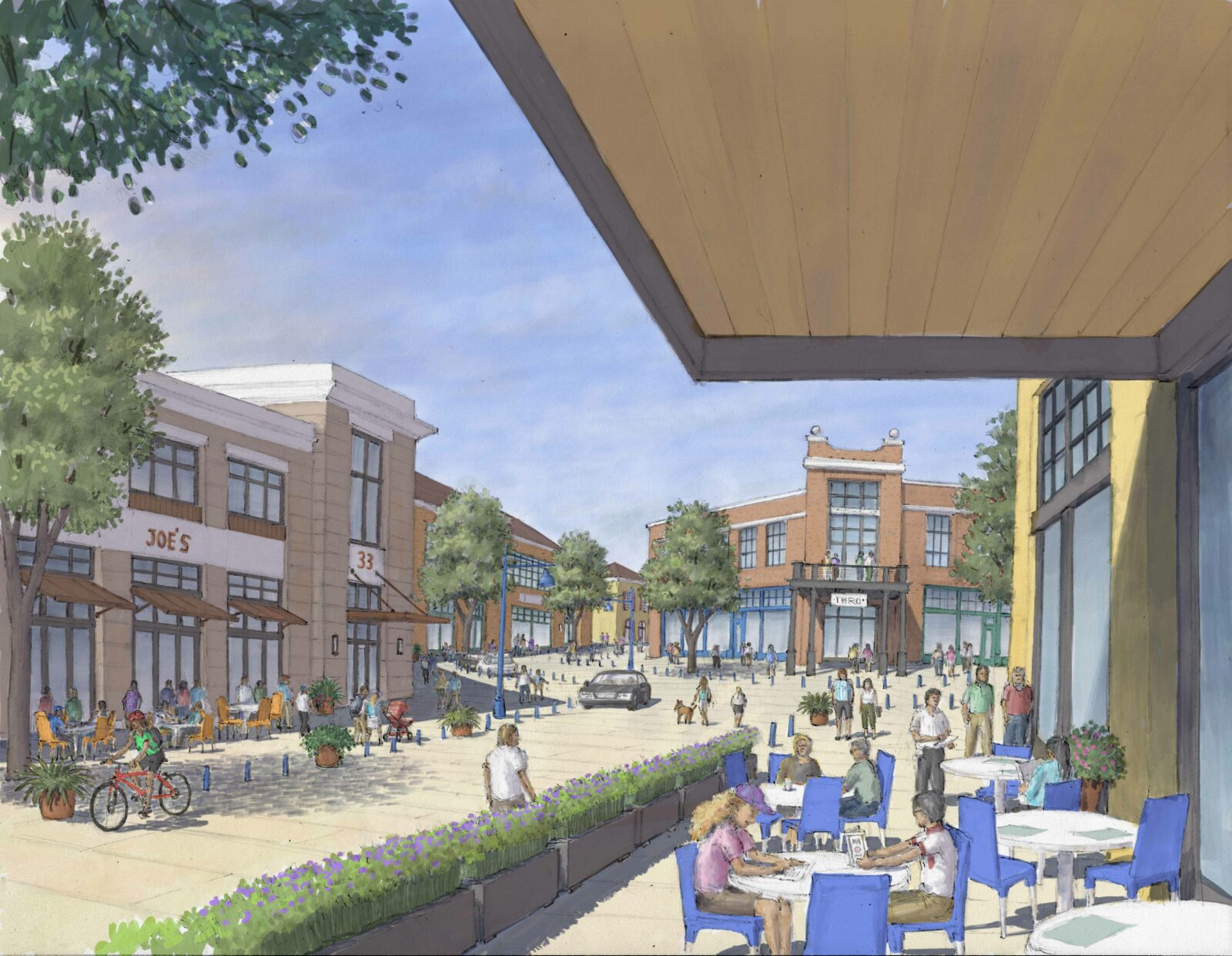 Artist rendering of a commercial area in the first phase of development at Vista Field.