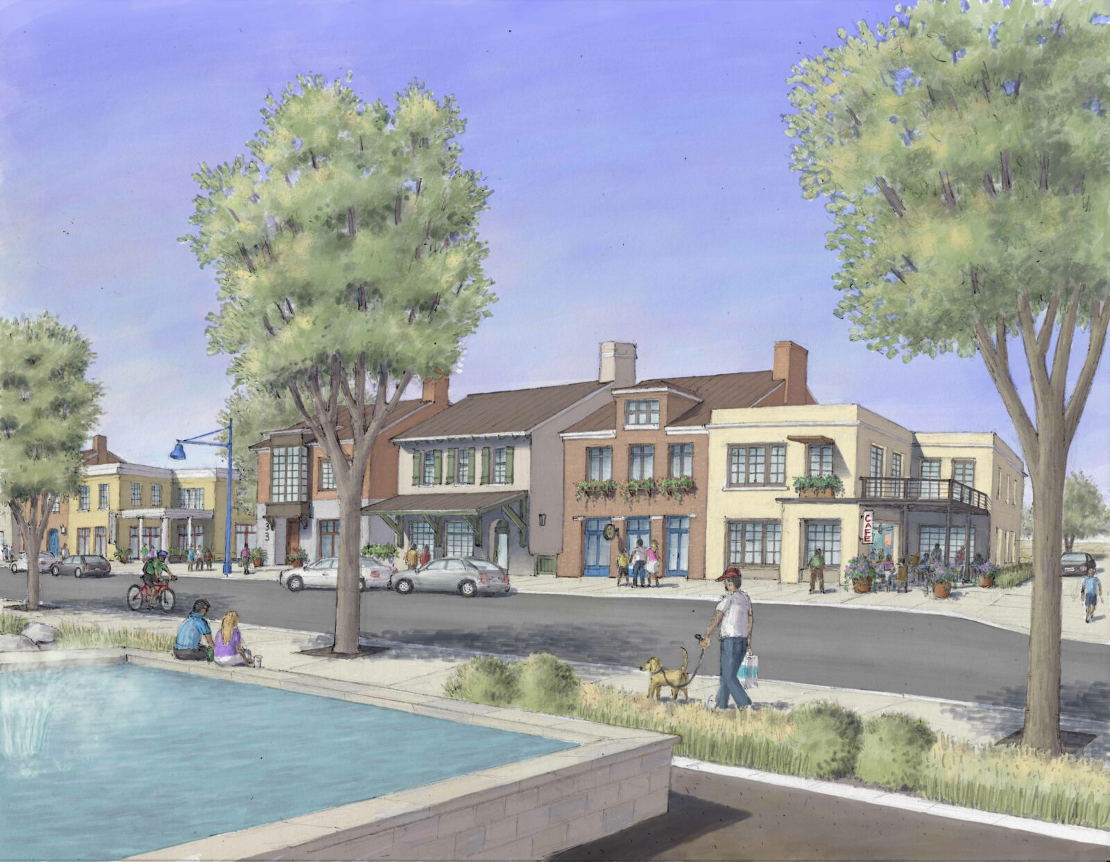 Artist rendering of a fountain and some business and residential buildings in the first phase of development at Vista Field.