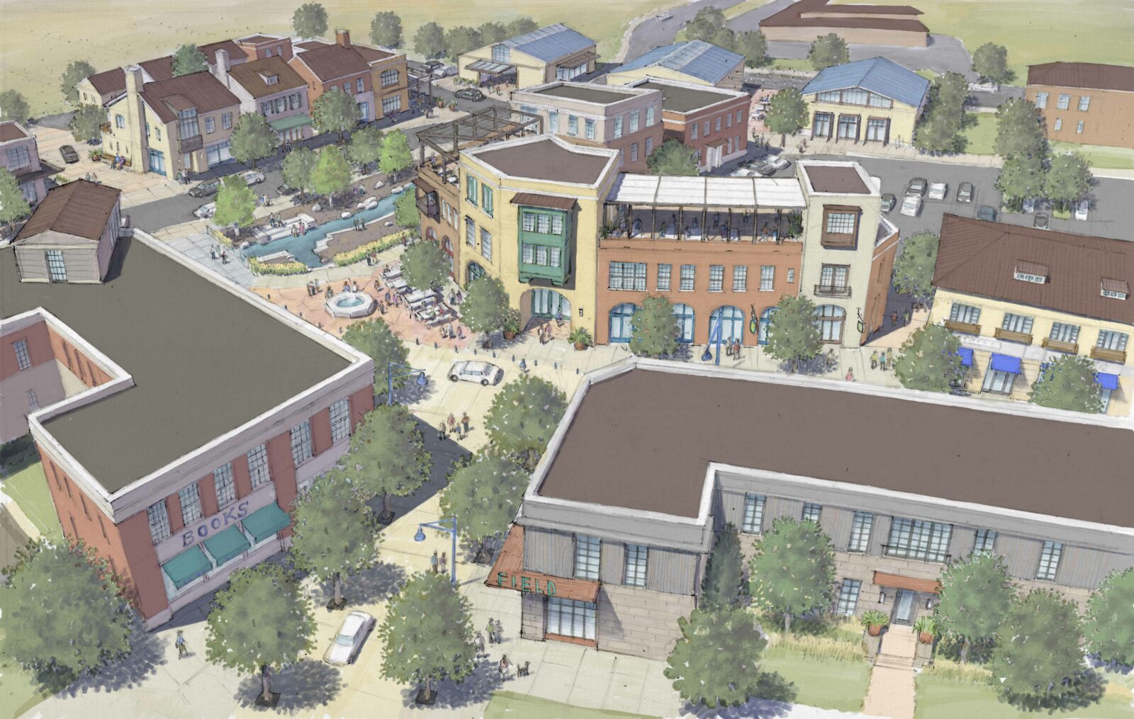 Artist rendering aerial view of a shared street - or Woonerf concept - in phase one development at Vista Field.