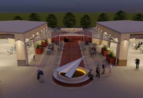 Artist rendering of the renovation of two former hangar buildings to create vibrant gathering spaces at Vista Field.