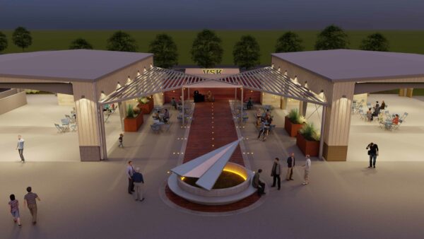 Artist rendering of the renovation of two former hangar buildings to create vibrant gathering spaces at Vista Field.