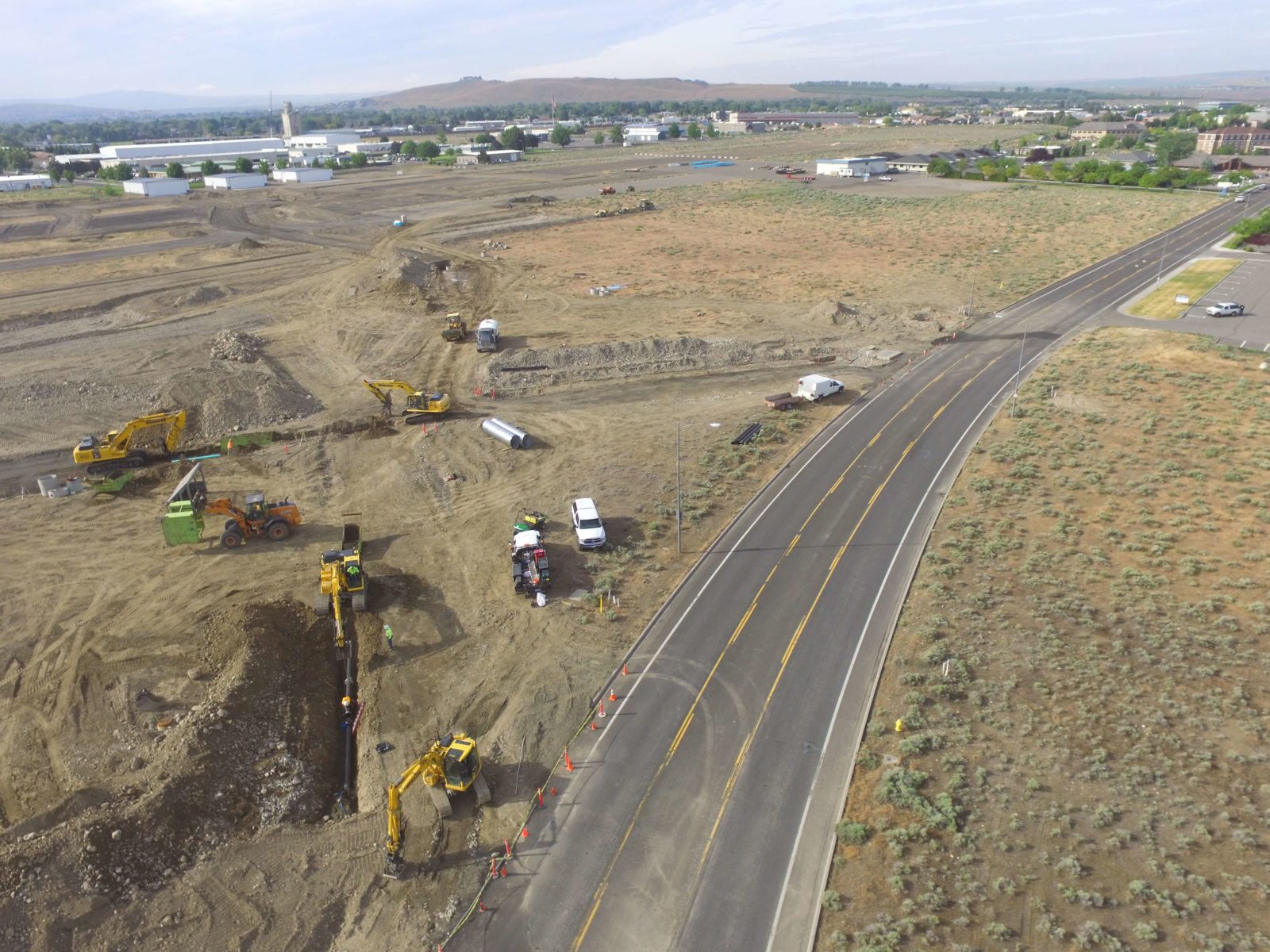 Aerial view of heavy equipment working at Vista Field.