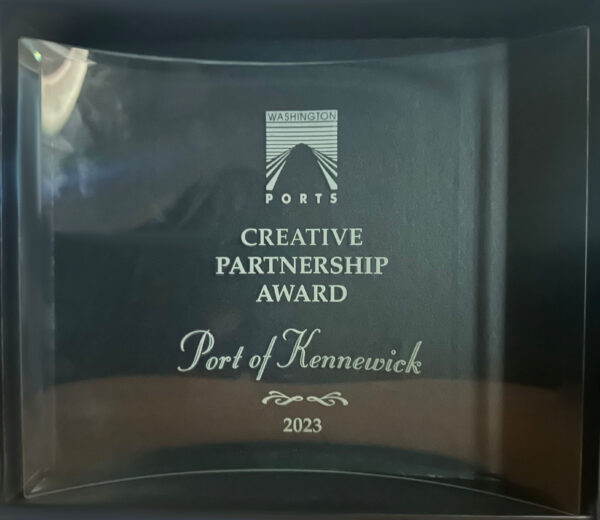 Photo of the award presented to Port of Kennewick for winning the Washington Public Ports Association 2023 Creative Partnership Award.