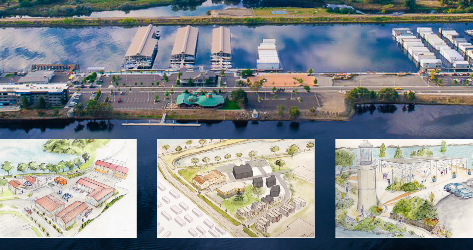 Artist's renderings showing options for development at Kennewick's Historic Waterfront Master Plan.