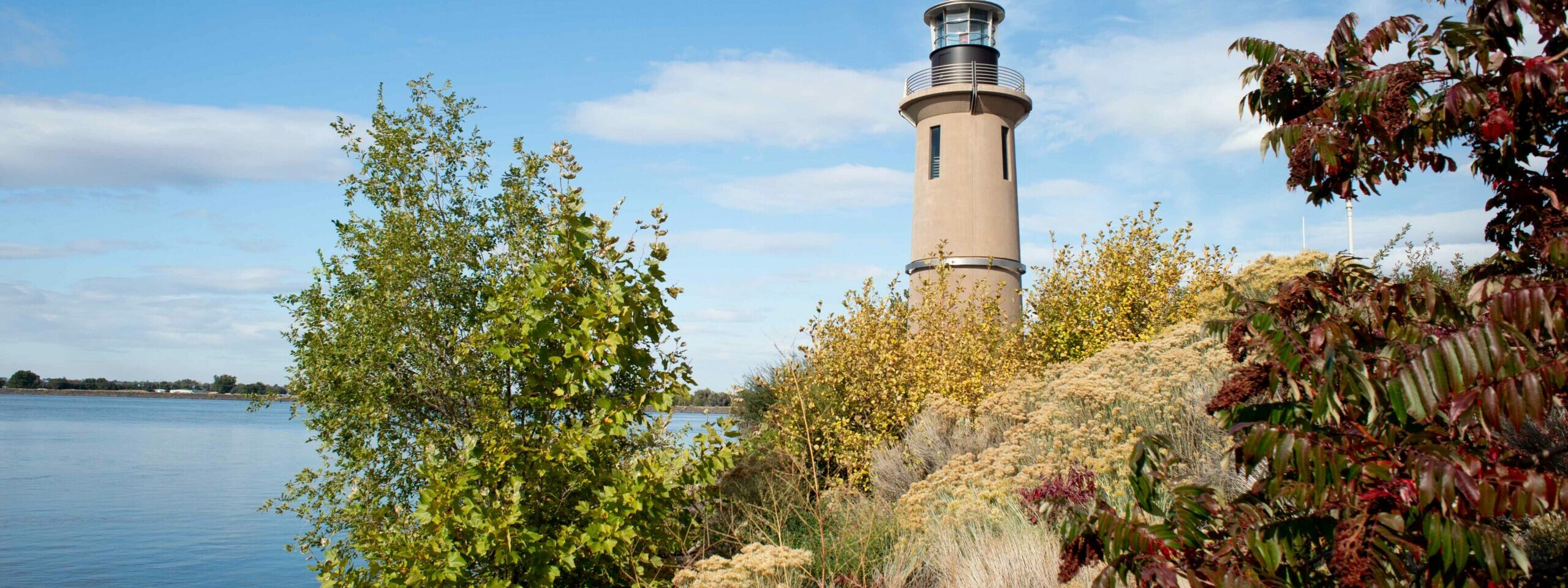 A portion of the restored shoreline surrounds the Clover Island Lighthouse.