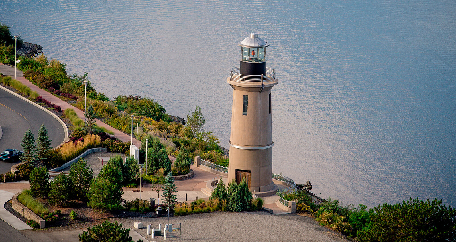 Aerial of the Clover Island Lighthouse and Lighthouse Plaza.