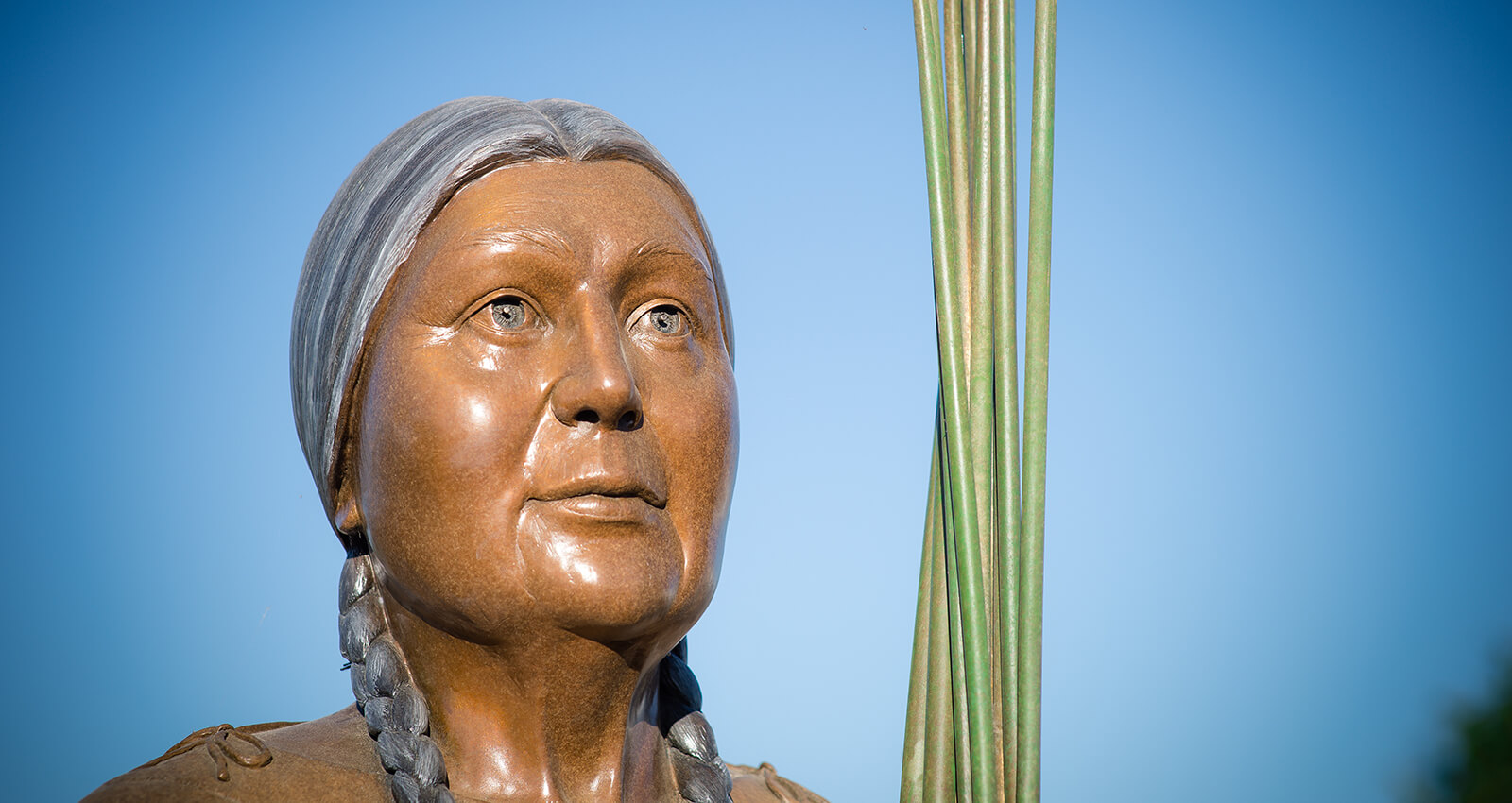 The face of The Gathering Place Elder Woman sculpture.