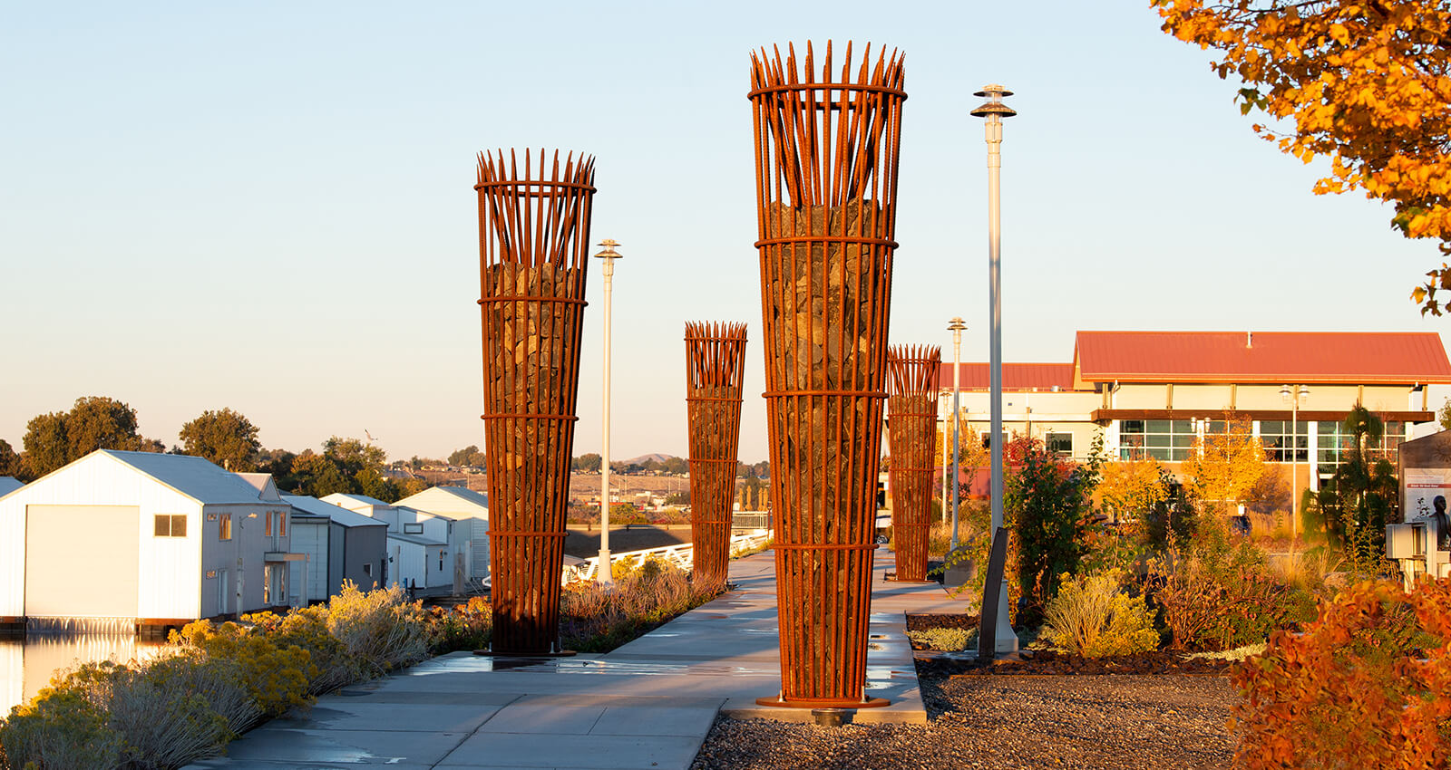 The Gathering Place Sapáxikas “Willow Fish Traps” structures in fall.
